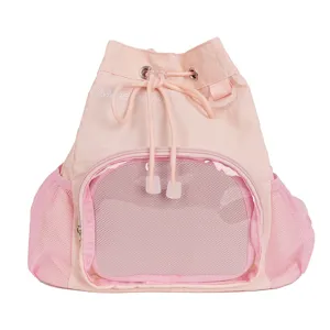 Zaino Ita rosa con coulisse e finestra in rete trasparente, stile casual carino, vista dettagliata.