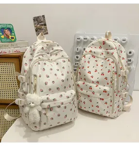 Cute strawberry cherry print student backpack casual commuter bookbag for girls