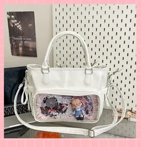 Λευκη τσanta ωμου απο pu leather με διαφανες παραθυρο για anime fans casual design
