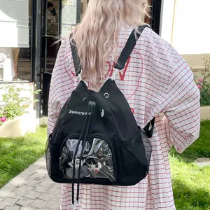 Zaino Ita nero con finestra trasparente, stile anime carino, zainetto leggero casual.