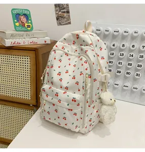 Cherry pattern school backpack cute student commuter daypack lightweight daily white bag