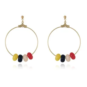 Gold-toned hoop earrings featuring vibrant multi-color beaded accents for women fashion style.