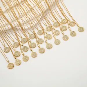 Gold paved rhinestone letter pendant clavicle chain set, stylish alphabet necklace jewelry.