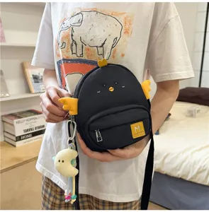 Cute black chicken crossbody bag, soft canvas material, Japanese style cute cartoon shoulder bag.