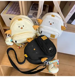 Cute cartoon chick canvas crossbody bag, sweet japanese style shoulder bag for students.
