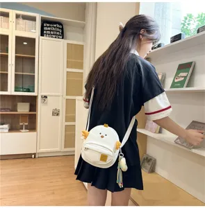 Cute Japanese style cartoon chick crossbody bag for women, sweet student shoulder bag.