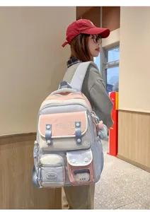 Detailansicht des stylischen College Studentenrucksacks mit vielen Taschen und grossem Volumen.