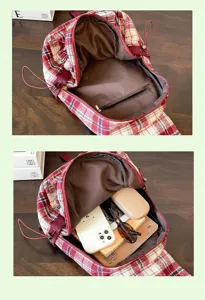 Detail view showing interior capacity and inner pockets of the vintage red plaid mini backpack.