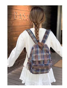 Japanese vintage plaid backpack for women retro style casual school book bag daily use