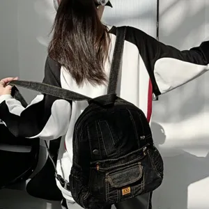 Black denim backpack for women, vintage casual college style school bag, commuting travel daypack.