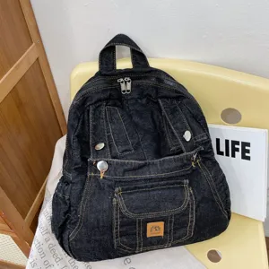 Black denim backpack women casual school book bag vintage retro stylish daypack