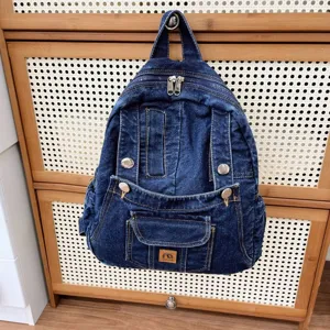 Denim backpack for women, retro vintage style casual school bag, commuter travel chic rucksack.