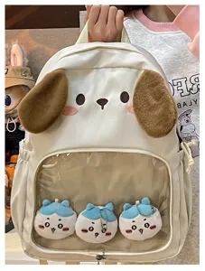 Zaino ita bianco carino da cucciolo con finestra trasparente e ciondoli in peluche.