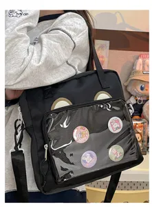 Black canvas ita bag with transparent window, cute bear ears and decorative badges for daily use.