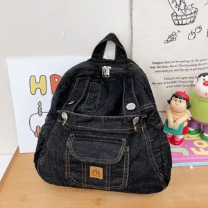 Detailed view of black denim backpack with vintage style, perfect for daily commute and travel.
