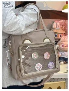 Cute bear ita bag with clear window and badges, large capacity canvas shoulder crossbody bag.