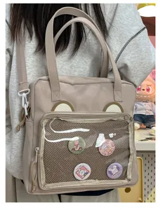 Detail view of the clear window and cute bear ears on this ita bag, perfect for pins.