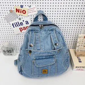 Vintage light blue denim backpack detail view, stylish casual aesthetic school bag