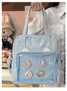 Cute light blue ita bag shoulder messenger bag with clear front pocket and cute bear ears design.
