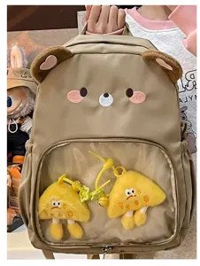 Zaino carino con orsetto e tasca trasparente, grande borsa scolastica per ragazze.