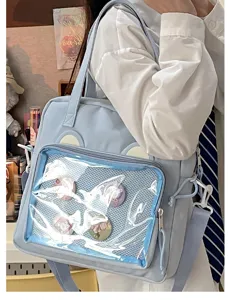 Cute bear ita bag with clear window, large capacity shoulder crossbody bag for anime fans.