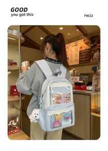 Vue détaillée du sac à dos itabag transparent bleu clair avec de jolies peluches.