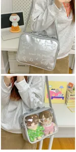 Silver metallic ita bag for 20cm plush dolls with cute cat embroidery clear window backpack