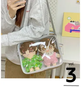 Clear window crossbody bag for 20cm plush dolls, cute transparent ita bag canvas shoulder bag.
