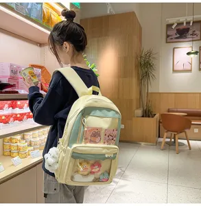 Vue détaillée du sac à dos transparent style japonais avec fenêtre claire pour épingles.