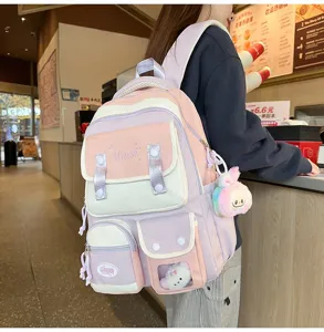 Pastellrosa lila Schultasche grosse Kapazitaet niedlicher Canvas Rucksack mit vielen Faechern