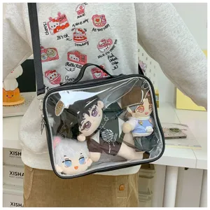Detail view of 20cm doll ita bag with clear window, cute anime messenger bag for plush toys.
