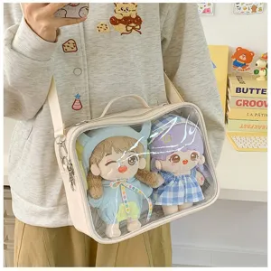 Transparent ita bag for 20cm plush dolls, cute messenger bag with clear front display window.