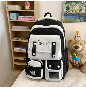 Schwarz weißer Canvas Rucksack mit großer Kapazität Schultasche für Studenten Freizeit