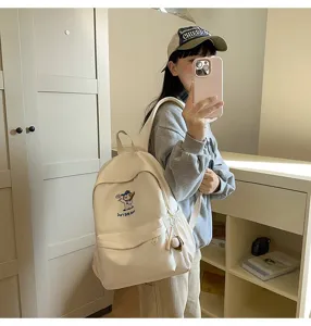 Canvas school backpack for women, large capacity casual daypack with cute puppy embroidery.