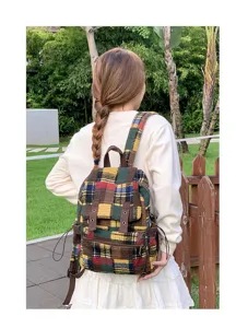 Retro plaid backpack women casual school bag vintage style daily multi-color book bag