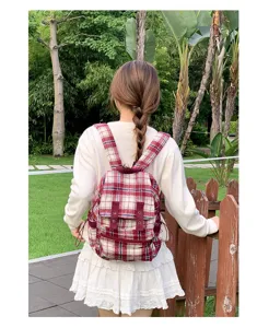 Japanese vintage plaid small backpack for women casual cute school bookbag daily outdoor use