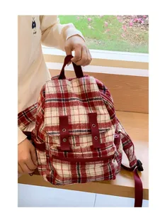 Japanese vintage red plaid backpack for women, casual soft girl school bookbag daily casual.