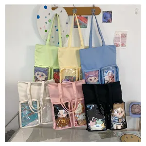 Καμβάς τσάντα shopper με διαφανές παράθυρο, χαριτωμένη τσάντα κούκλας για μαθητές.