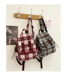 Retro plaid backpack Japanese cute school bag vintage double shoulder casual daypack bag detail
