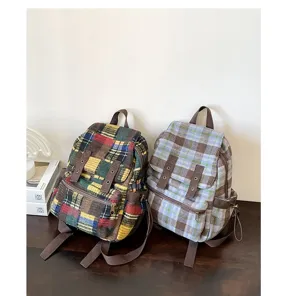 Japanese retro plaid small backpack, sweet vintage casual double shoulder bag for women.