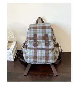 Retro plaid backpack for women casual campus rucksack versatile vintage style school bag