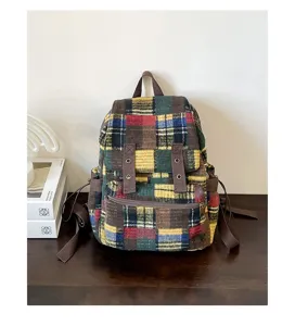 Detailed view of the vintage plaid mini backpack with soft fabric material and retro pattern.
