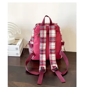 Vintage red and white plaid small backpack for women, casual Korean style mini double shoulder bag.
