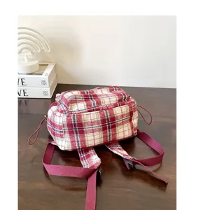 Japanese vintage plaid small backpack women casual cute double shoulder bag daily style school bag