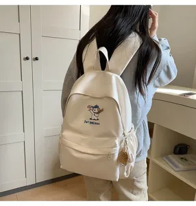Casual large capacity backpack with cute puppy embroidery and keychain for student travel