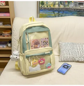 Sac à dos ita transparent japonais avec fenêtre, pendentifs fleurs en peluche et grande capacité.