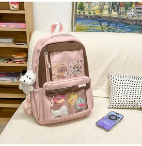 Sac à dos ita transparent japonais grande capacité rose avec fenêtre mignonne et pendentifs