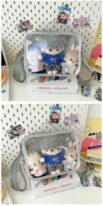 Clear transparent ita bag for 20cm plush dolls, cute shoulder backpack for ACG fans and daily use.