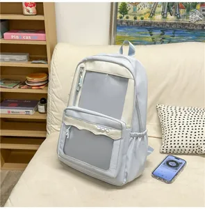 Vue détaillée du sac à dos transparent japonais ita, grand sac d'école de campus pour femmes.