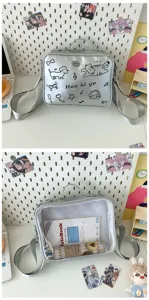 Clear ita bag for 20cm plush dolls, silver PU leather shoulder backpack with cute cat doodle.